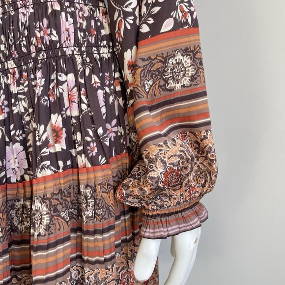 Current Air Long Sleeve Satin Pleated Boho Dress Brown Floral M Cottage Chic - Picture 4 of 14